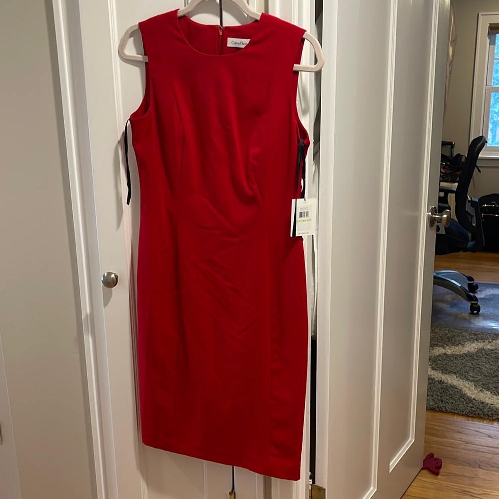 Calvin Klein Red Sleeveless Dres Size 4 with gold side buttons